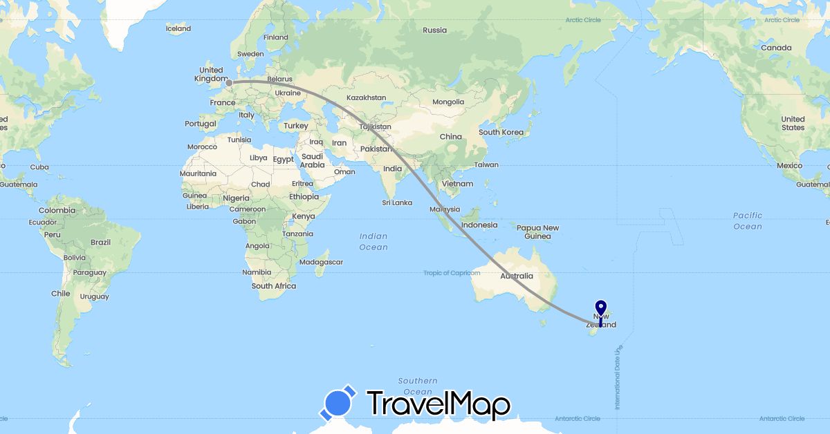 TravelMap itinerary: driving, plane in Netherlands, New Zealand, Singapore (Asia, Europe, Oceania)
